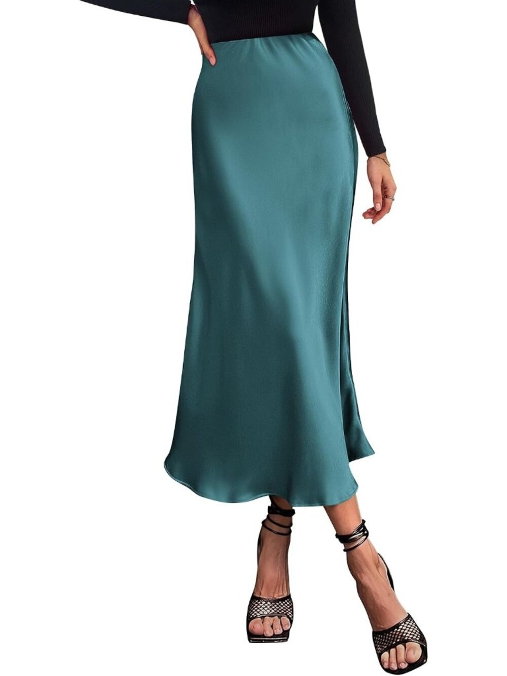 Women Lake Blue High Waist Satin Elegant Slip Bias Cut Flowy Long Midi Skirt